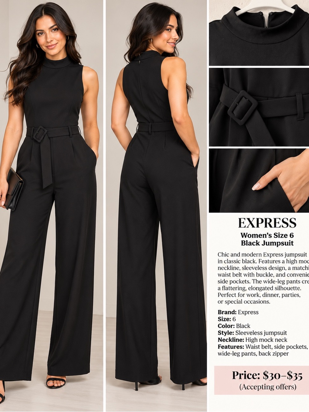 Express Black Sleeveless High-Mock Neck Wide-Leg Jumpsuit with Belt